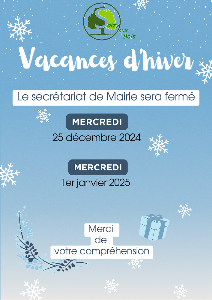 Congès dhiver vacances horaires fermeture annuelle décembre neige affiche